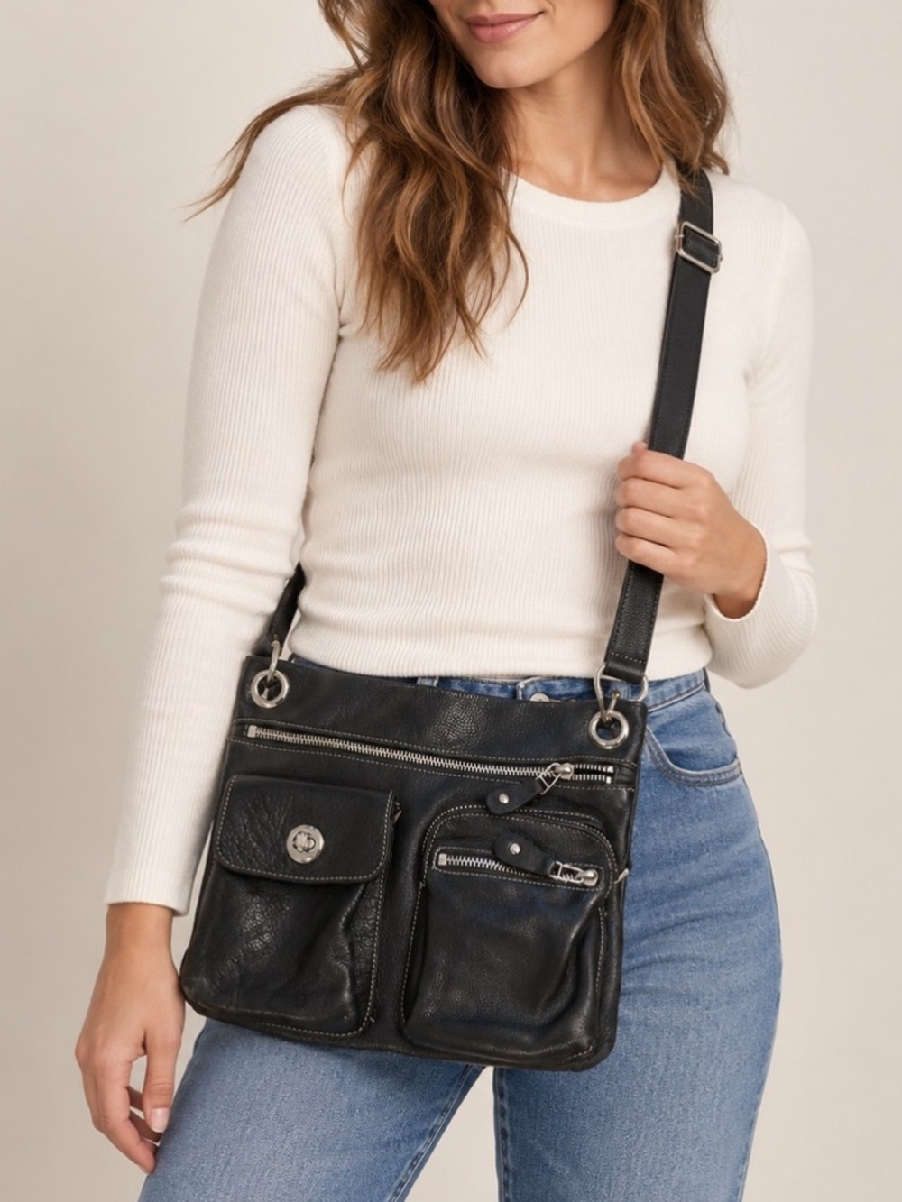 Roots Black Leather Crossbody Bag